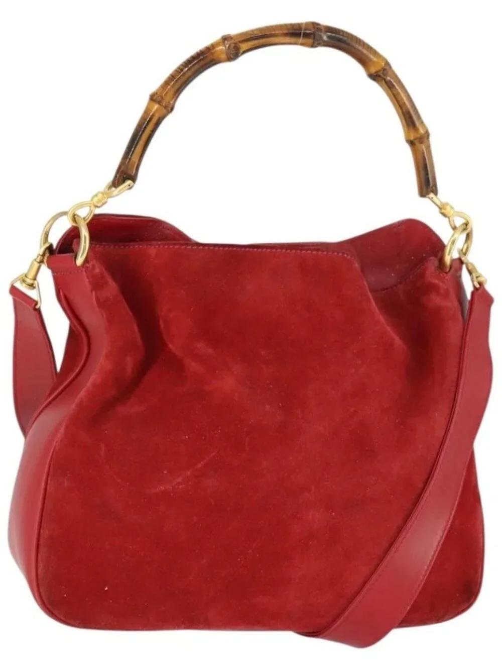 GUCCI Bamboo Hand Bag Suede 2way Red Gold Auth ep13161